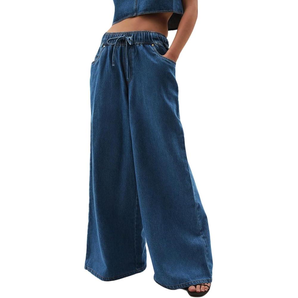imageCHARTOU Women Wide Leg Jeans High Waisted Straight Leg Baggy Drawstring Denim PantsBlue