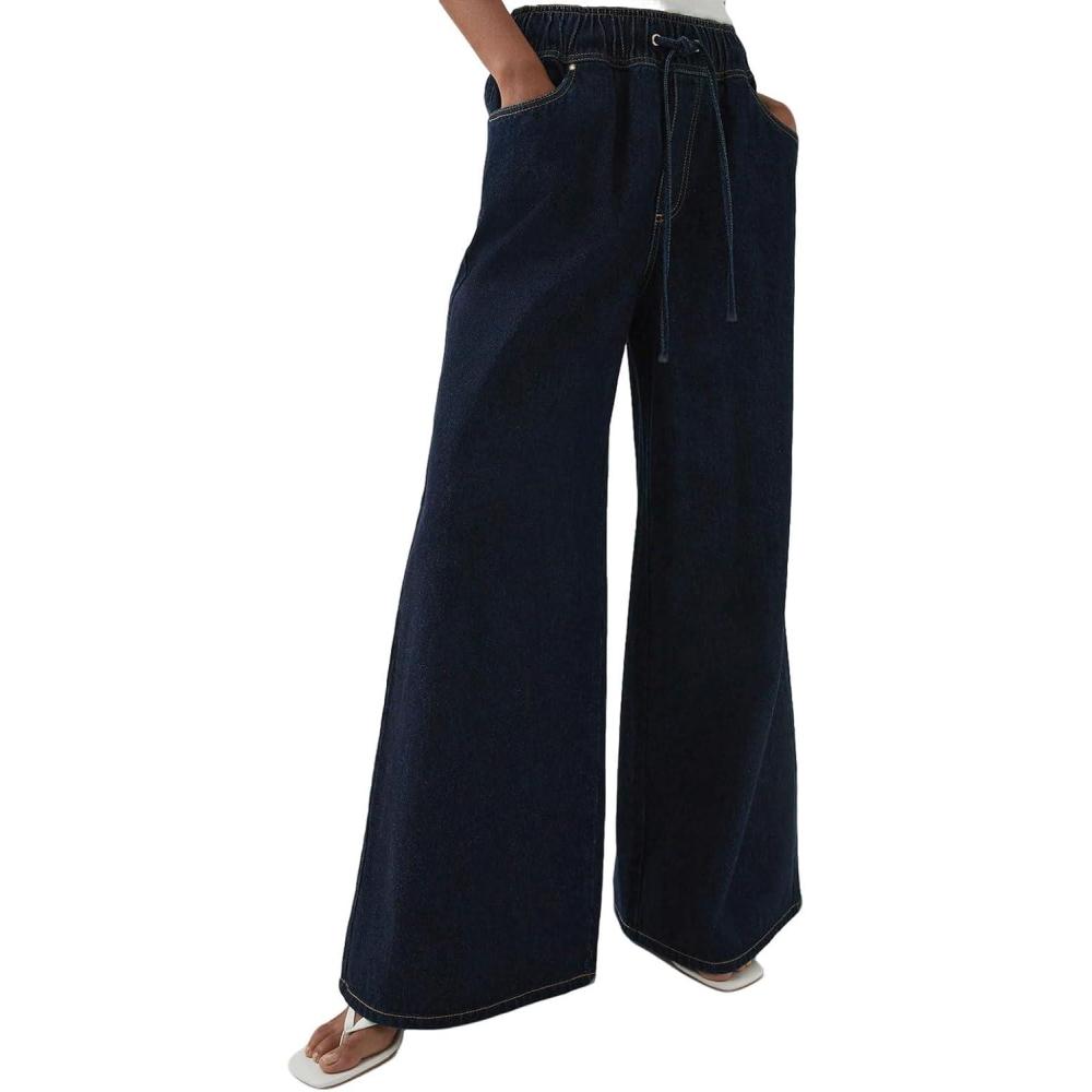 imageCHARTOU Women Wide Leg Jeans High Waisted Straight Leg Baggy Drawstring Denim PantsDark Blue