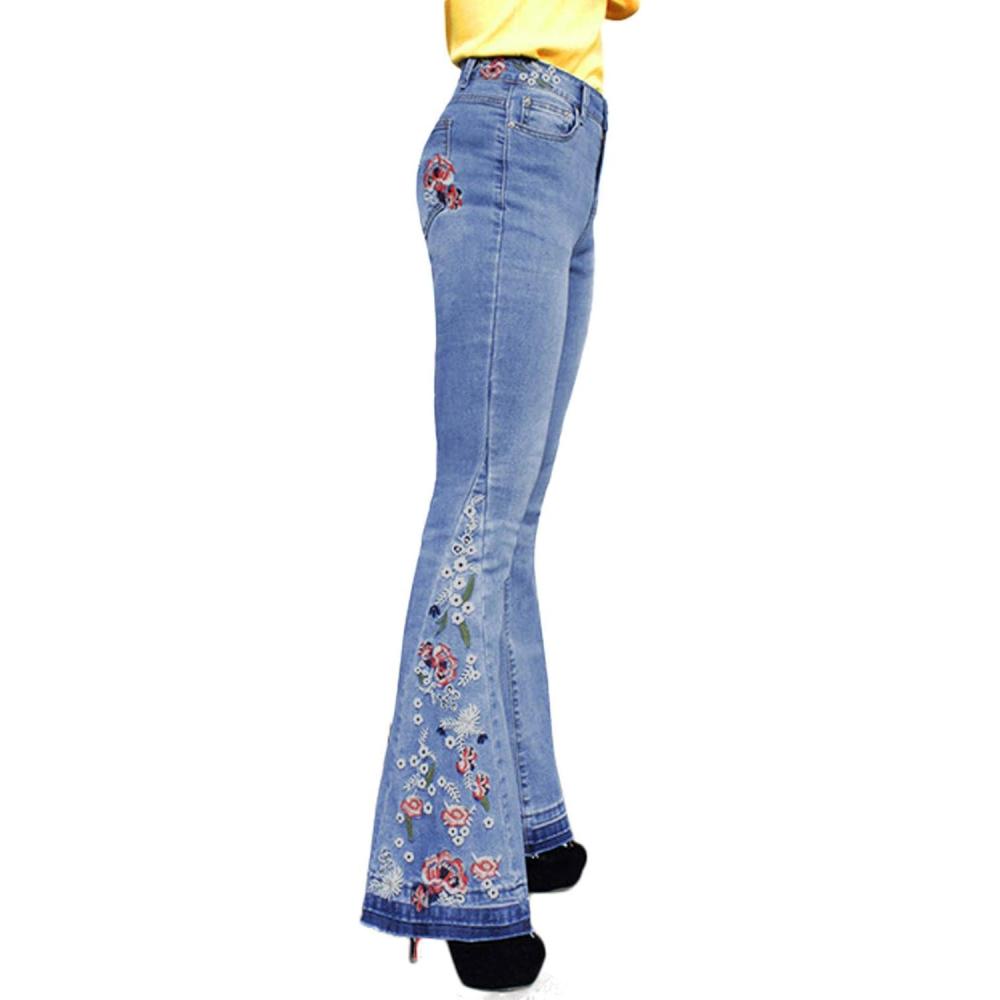 imageCHARTOU Womens Chic Floral Embroidered HighRise Bell Bottom Flare Jeans Broad Feet Long Denim PantsBlue