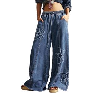 imageCHARTOU Baggy Wide Leg Jeans Women Drawstring Elastic High Waisted Distressed Floral Denim Pants Y2k JeansBlue