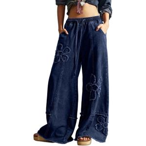 imageCHARTOU Baggy Wide Leg Jeans Women Drawstring Elastic High Waisted Distressed Floral Denim Pants Y2k JeansDark Blue