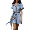 imageCHARTOU Womens Floral Linen Button Down Wrap Tie Knot Boho Beach Shirt Dress with BeltBlue