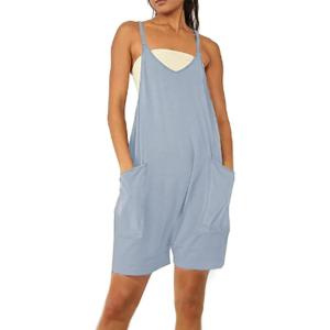 imageCHARTOU Casual Romper for Women Summer Short Jumpsuit Sleeveless Strappy Harem Pants Cargo Overalls PocketLight Blue
