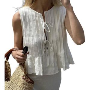 imageCHARTOU Sleeveless Bow Tie Front Tops for Women Babydoll Peplum Ruffle Pleated Tank Shirt BlouseBeige