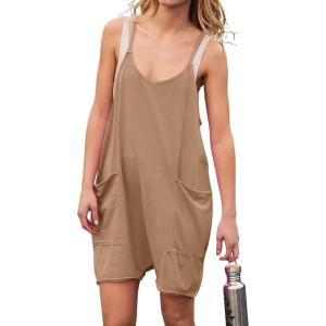 imageCHARTOU Women Baggy Slip One Piece Romper Oversized Spaghetti Straps Short Jumpsuit Overalls OutfitsKhaki