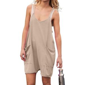 imageCHARTOU Women Baggy Slip One Piece Romper Oversized Spaghetti Straps Short Jumpsuit Overalls OutfitsOatmeal