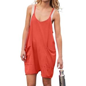 imageCHARTOU Women Baggy Slip One Piece Romper Oversized Spaghetti Straps Short Jumpsuit Overalls OutfitsOrange Red
