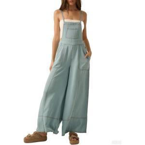 imageCHARTOU Women Denim Overall Bib Wide Leg Jumpsuit Jean Adjustable Spaghetti Strap Romper Baggy Jeans PantsBlue