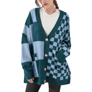 imageCHARTOU Women Slouchy Checkered Cardigan Oversized Open Front Cardigan Sweater Plaid Knit Outwear CoatBlue