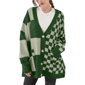 imageCHARTOU Women Slouchy Checkered Cardigan Oversized Open Front Cardigan Sweater Plaid Knit Outwear CoatGreen