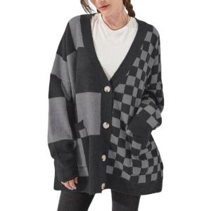 imageCHARTOU Women Slouchy Checkered Cardigan Oversized Open Front Cardigan Sweater Plaid Knit Outwear CoatGrey