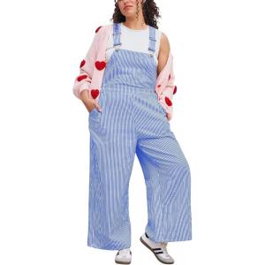 imageCHARTOU Womens Loose Stripes Bib Overalls Jumpsuit Adjustable Strap Cotton Linen Wide Leg Baggy Pants RomperBlue