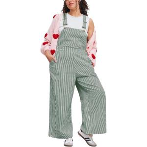imageCHARTOU Womens Loose Stripes Bib Overalls Jumpsuit Adjustable Strap Cotton Linen Wide Leg Baggy Pants RomperGreen
