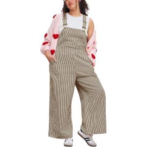 imageCHARTOU Womens Loose Stripes Bib Overalls Jumpsuit Adjustable Strap Cotton Linen Wide Leg Baggy Pants RomperKhaki