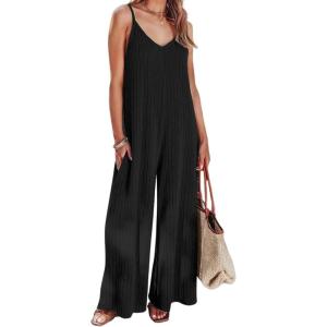imageCHARTOU Womens Summer Jumpsuit RibKnit Spaghetti Straps WideLeg Long Pants Romper OverallsBlack