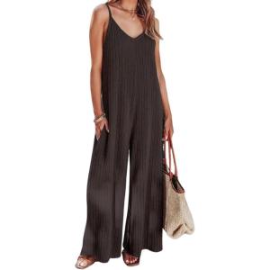 imageCHARTOU Womens Summer Jumpsuit RibKnit Spaghetti Straps WideLeg Long Pants Romper OverallsCoffee