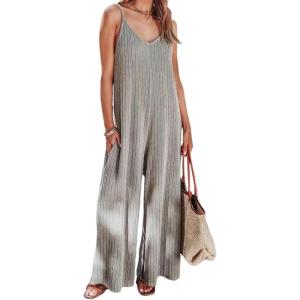 imageCHARTOU Womens Summer Jumpsuit RibKnit Spaghetti Straps WideLeg Long Pants Romper OverallsGrey