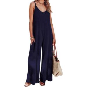 imageCHARTOU Womens Summer Jumpsuit RibKnit Spaghetti Straps WideLeg Long Pants Romper OverallsNavy