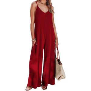 imageCHARTOU Womens Summer Jumpsuit RibKnit Spaghetti Straps WideLeg Long Pants Romper OverallsWine