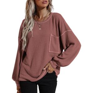 imageCHARTOU Womens Waffle Knit Casual Loose Fit Crewneck Long Sleeve Shirt Blouse TopsDusty Pink