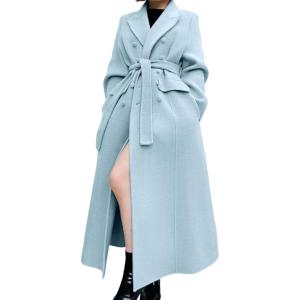 imageCHARTOU Women Long Winter Wool Pea Coat Lapel Double Breasted Trench Over Coat with BeltBlue