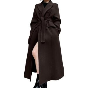 imageCHARTOU Women Long Winter Wool Pea Coat Lapel Double Breasted Trench Over Coat with BeltCoffee