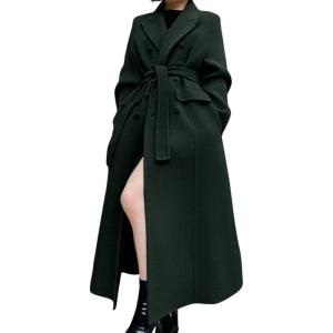 imageCHARTOU Women Long Winter Wool Pea Coat Lapel Double Breasted Trench Over Coat with BeltGreen