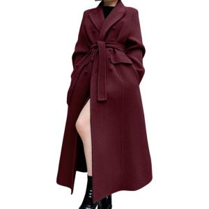 imageCHARTOU Women Long Winter Wool Pea Coat Lapel Double Breasted Trench Over Coat with BeltWine