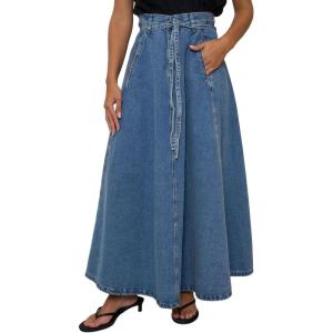 imageCHARTOU Women Belted Long Jean Skirt Ruffle Flare Patchwork Flowy Swing Aline Denim Maxi Skirt with PocketsDark Blue