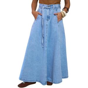 imageCHARTOU Women Belted Long Jean Skirt Ruffle Flare Patchwork Flowy Swing Aline Denim Maxi Skirt with PocketsLight Blue