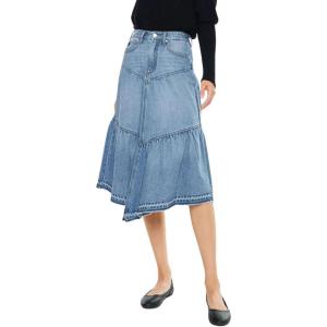 imageCHARTOU Women Lightweight Denim Midi Skirt Irregular Tiered Flowy Summer Jean SkirtBlue
