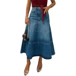 imageCHARTOU Women Tiered Ruffle Denim Maxi Skirt Summer Vintage Gradient High Waist A Line Jean SkirtBlue