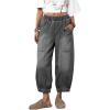 imageCHARTOU Stretchy Barrel Jeans Women Elastic High Waist Cropped Jeans Baggy Wide Leg Denim Pants with PocketsGrey