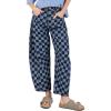 imageCHARTOU Women Contrast Checkered Barrel Jeans Baggy Wide Leg Denim Pants Cropped High Waist Y2k SweatpantsBlue