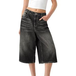 imageCHARTOU Women Boyfriend Capris Jeans Denim Pants Low Rise Wide Leg Jeans Baggy Bermuda Shorts with PocketsBlack