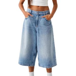 imageCHARTOU Women Boyfriend Capris Jeans Denim Pants Low Rise Wide Leg Jeans Baggy Bermuda Shorts with PocketsBlue