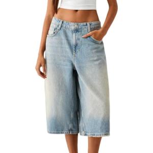 imageCHARTOU Women Boyfriend Capris Jeans Denim Pants Low Rise Wide Leg Jeans Baggy Bermuda Shorts with PocketsLight Blue