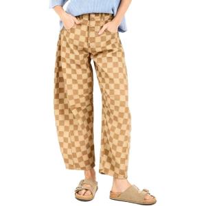 imageCHARTOU Women Contrast Checkered Barrel Jeans Baggy Wide Leg Denim Pants Cropped High Waist Y2k SweatpantsKhaki