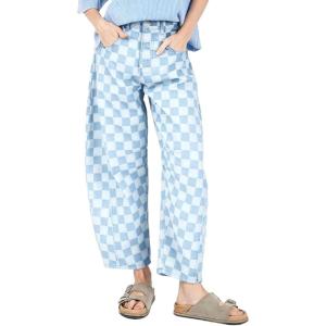imageCHARTOU Women Contrast Checkered Barrel Jeans Baggy Wide Leg Denim Pants Cropped High Waist Y2k SweatpantsLight Blue