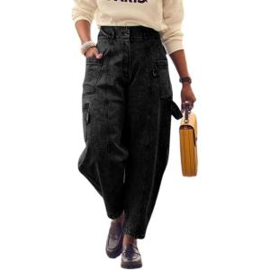 imageCHARTOU Women High Waist Baggy Jeans Patchwork Plus Size Denim Joggers Cargo Tapered Wide Leg Harem PantsBlack