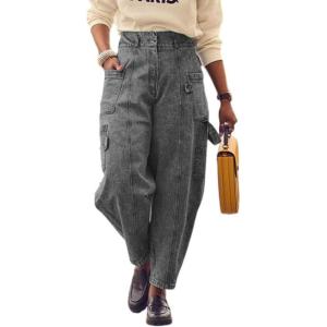 imageCHARTOU Women High Waist Baggy Jeans Patchwork Plus Size Denim Joggers Cargo Tapered Wide Leg Harem PantsGrey
