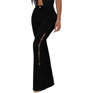 imageCHARTOU Women High Waisted Cutout Becket Flare Jeans Denim Palazzo Pants Wide Leg JeansBlack