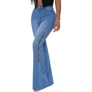 imageCHARTOU Women High Waisted Cutout Becket Flare Jeans Denim Palazzo Pants Wide Leg JeansBlue