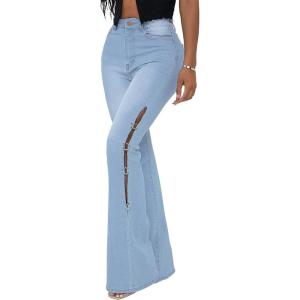 imageCHARTOU Women High Waisted Cutout Becket Flare Jeans Denim Palazzo Pants Wide Leg JeansLight Blue