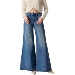 imageCHARTOU Women Wide Leg Jeans Trendy Seamed Front Mid Rise Flared Loose Denim Pants with PocketsBlue