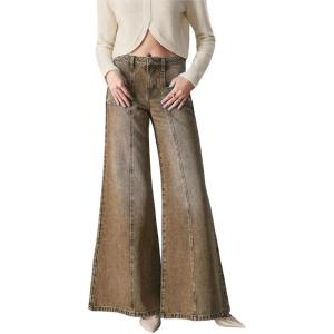 imageCHARTOU Women Wide Leg Jeans Trendy Seamed Front Mid Rise Flared Loose Denim Pants with PocketsKhaki