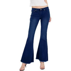 imageCHARTOU Womens Asymmetric Tassel Flared Slit Ripped Jeans Denim PantsNavy Blue