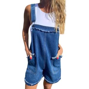 imageCHARTOU Womens Short Overalls Frayed Loose Fit Denim Jumpsuit Rompers ShortallsDark Blue