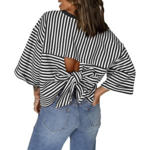 imageCHARTOU Women Back Bow Tie Striped Summer Top Casual Loose Crewneck 34 Sleeve Color Block Tunic PulloverBlack