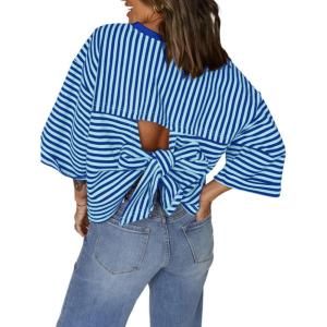 imageCHARTOU Women Back Bow Tie Striped Summer Top Casual Loose Crewneck 34 Sleeve Color Block Tunic PulloverBlue